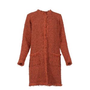 589007-00 Long Loose-Knit Fringed Bottonless Orange Cardigan