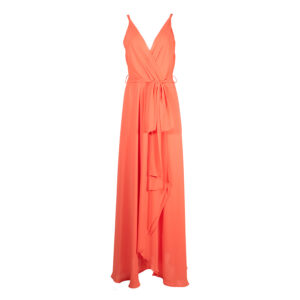 545214-00 V-Neck Orange Draped Dress With Belt