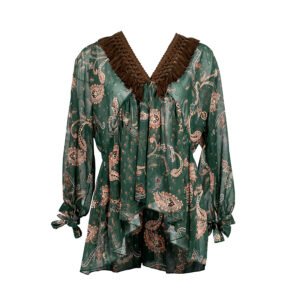 2034008_GRN-00 Fantasy Print Green Blouse With Fringes