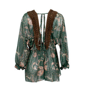 2034008_GRN-01 Fantasy Print Green Blouse With Fringes