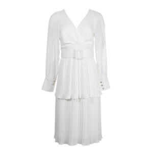 595002-00 White Pleated Dress With Belt