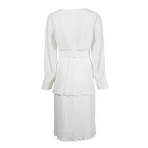 595002-01 White Pleated Dress With Belt