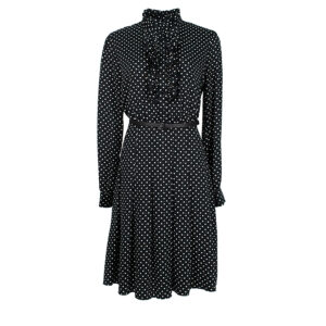 595056-00 Ruffled Neckline Black Polka-Dot Dress