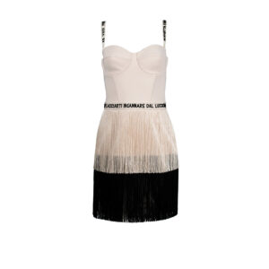 AB03706E2-00 Beige-Black Fringed Mini Dress