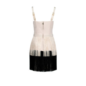 AB03706E2-01 Beige-Black Fringed Mini Dress