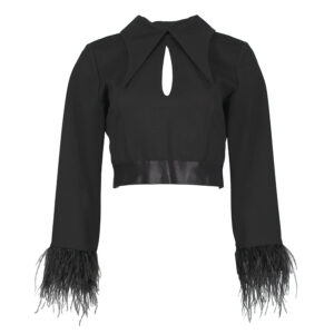 MF20440-00 Black Crop Top With Fringed Sleeves