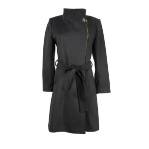 597048-00 Black High-Collar Zip-Up Midi Coat