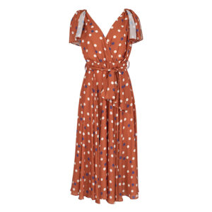 072.50.01.022-00 Wrap-Around Orange Midi Dress With Polka Dots