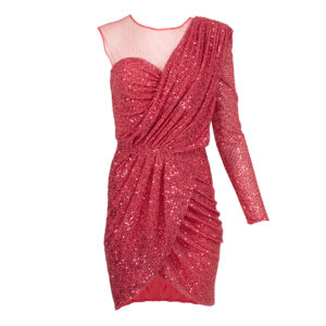 AB00411E2-00 Asymmetric Red Sequinned Mini Dress