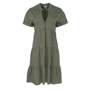 072.50.01.052_KHK-00 Ruffled V-Neck Khaki Midi Dress