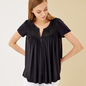 072.10.01.035_BLK-mdl Broderie Detailed Black Ruffled Shirt