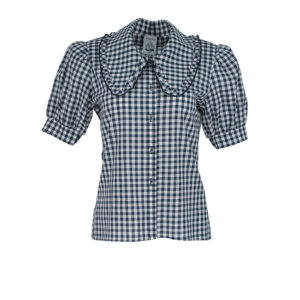 KK21239_BLU-00 Blue Checkered Shirt With Large Collar