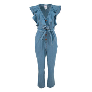 VM21549-00 Denim Belted Jumpsuit With Ruffles