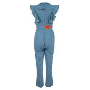 VM21549-01 Denim Belted Jumpsuit With Ruffles