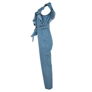 VM21549-02 Denim Belted Jumpsuit With Ruffles