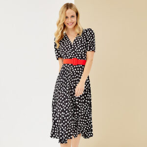 072.50.01.096-mdl Polka-Dot Midi Dress With Red Belt