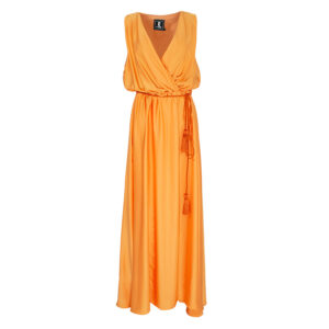 2106018-00 Orange Satin Maxi Wrap-Dress