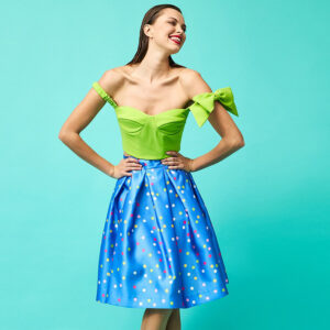 072.00.02.001 Polka-Dot Blue Satin Skirt by V. Zoulias & 072.40.02.002 Green Top With Bow by V. Zoulias