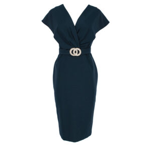 072.50.01.122_BLU-00 V-Cut Blue Pencil Dress With Belt