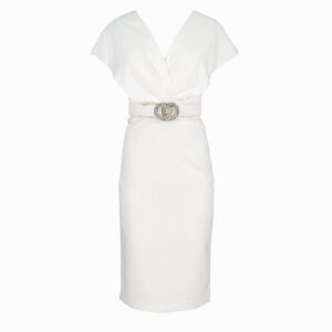 072.50.01.122_WHT-00 V-Cut White Pencil Dress With Belt