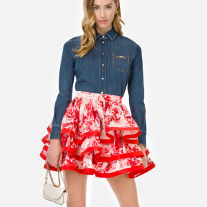 GO46811E2-mdl Red Ottoman Skirt With Peony Print