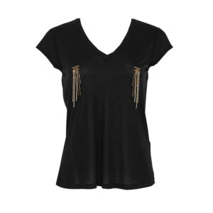 MA21316E2_110-00 Black V-Neck T-Shirt With Applique