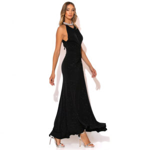 2416019_BLK-mdl1 Nidia Maxi Μαύρο Φόρεμα Lurex Με Σούρα GOLD GLOW