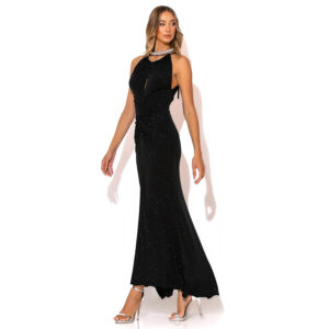 2416019_BLK-mdl2 Nidia Maxi Μαύρο Φόρεμα Lurex Με Σούρα GOLD GLOW